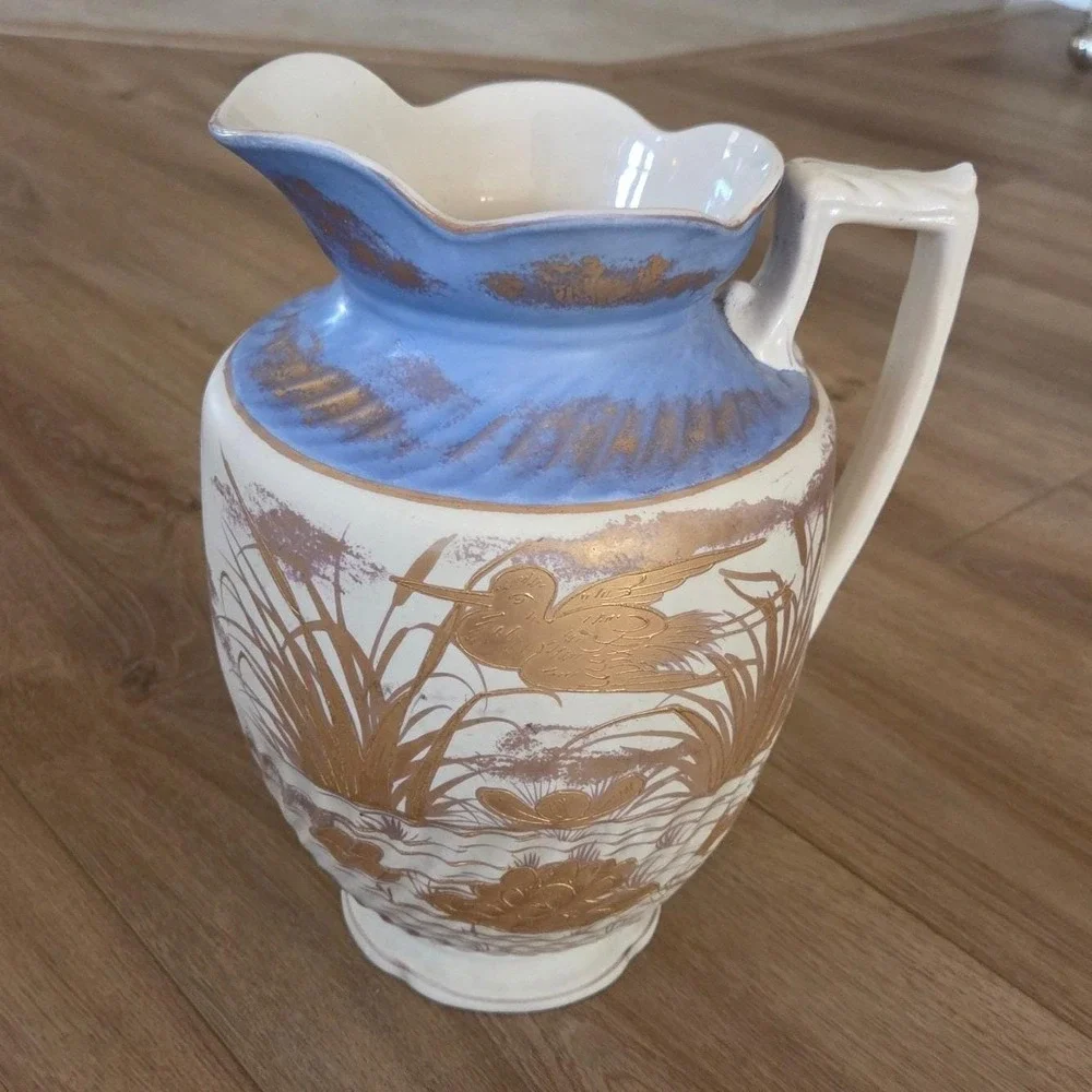 Antique 1888 Staffordshire Ceramic Pitcher Blue Gold‎ Bird Water Lily Floral